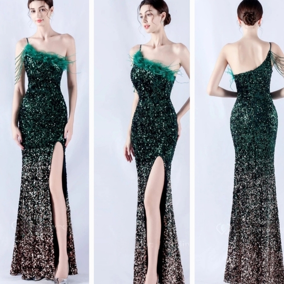 Green and Gold Sequin Gown with High Slit - Picture 1 of 16
